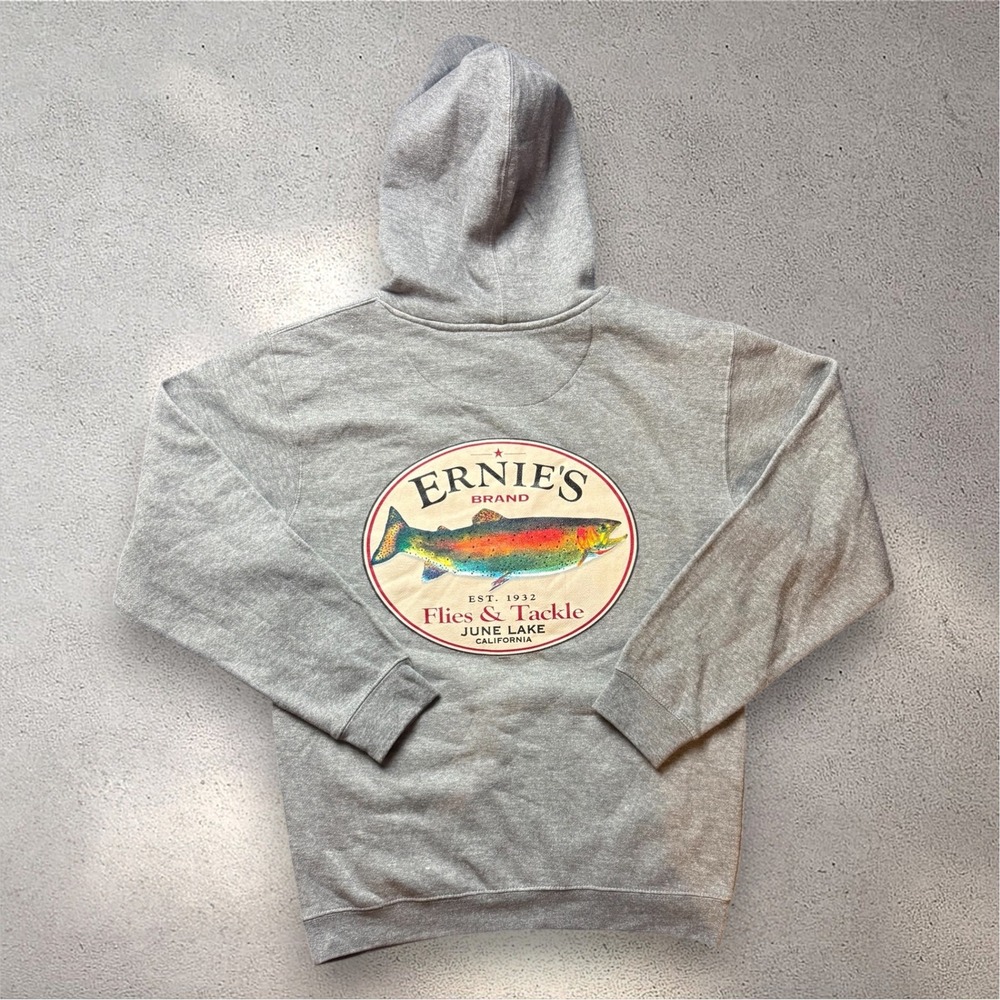 Ernie's Flies & Tackle June Lake California Graphic Hoodie Grey Mens Medium